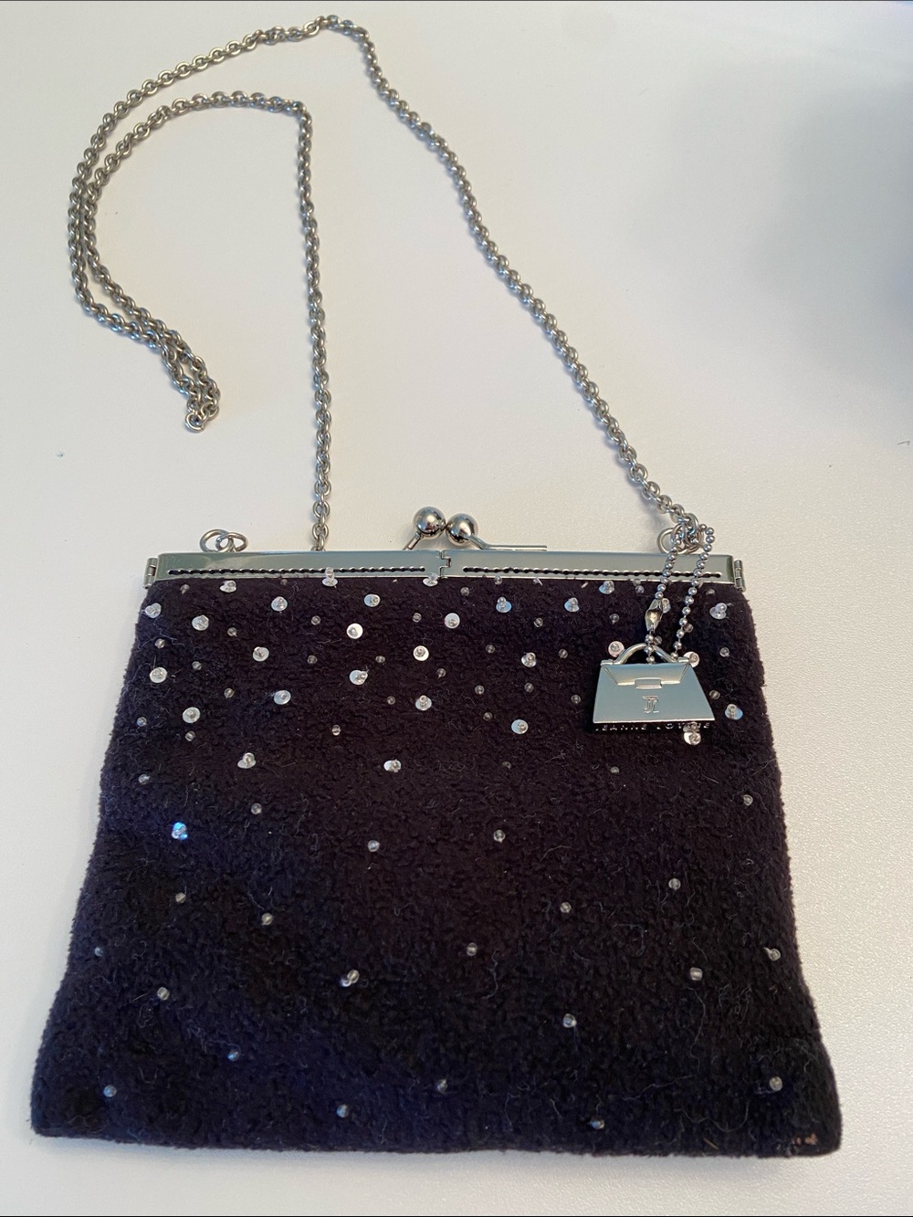 Sequin-Accented Black Evening Clutch with Silver Chain